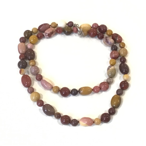 Mookaite Beads and Sterling Silver Individually Knotted Necklace 36" Long - Picture 1 of 6